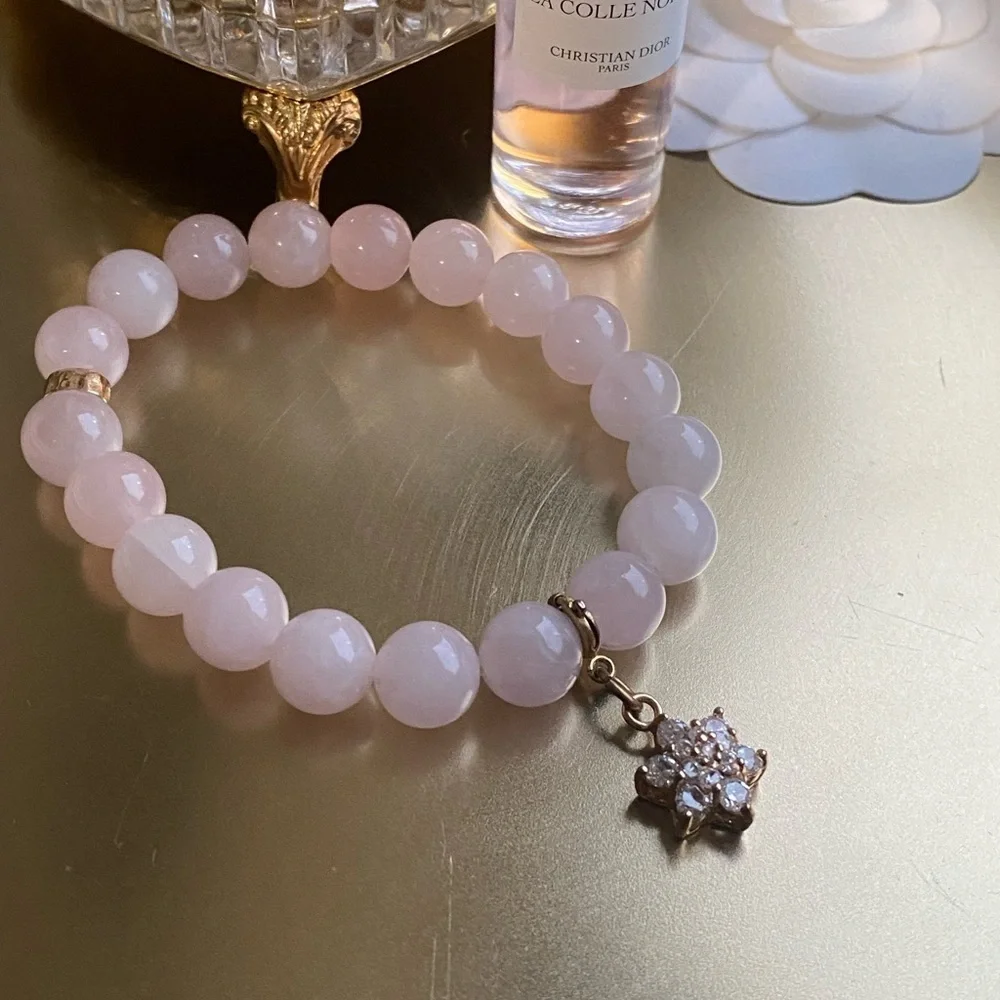 Genuine rose Quartz bracelet with removable flower charm_5